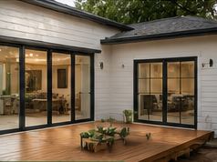 Home addition with large glass doors opening to a wood deck