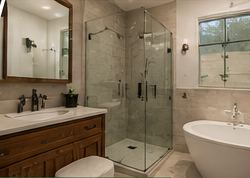 Remodeled bathroom with glass shower and freestanding tub